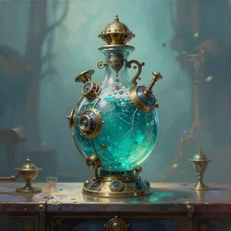 a painting of a complex detailed steampunk mechanical aquamarine colored potion bottle centred on a counter, by h. r. giger, hyperrealistic fantasy art, concept matte, ethereal, dreamy, digital art, trending on artstation, volumetric cinematic lighting