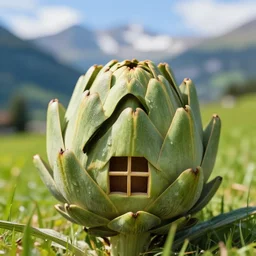 an artichoke that looks like a house. switzerland beautiful landscape in the background