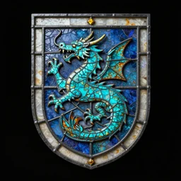coat of arms with a dragon symbol. by casey baugh, by rembrandt, mandelbulb 3 d, turquoise rust, stained glass