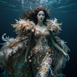 real photoshoot underwater goddess, wearing a feathered cloak and a fancy silk floral dress, ornate, ultra realistic, concept art, intricate details, eerie, highly detailed, photorealistic, octane render, 8 k, unreal engine. ruan jia, wlop. scifi, fantasy, intense colors, hyper detailed, octane render, concept art, by peter mohrbacher, by wlop, by