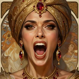 mindblowing portrait of an elegant tan woman in her 5 0 s, ornate turban, brown eyes, ruby and gold jewelry, open mouth scream, deep focus, symmetrical face, d & d, fantasy, intricate, highly detailed, artstation, concept art, matte, sharp, illustration, hearthstone, digital painting by artgerm, greg rutkowski, alphonse mucha