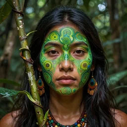 the ayahuasca vine plant spirit mixed with the face of a beautiful indigenous woman in the jungle, face painted in green, fractals, beautiful colors, matte painting, by christophe vacher