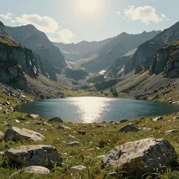 the mountain lake glistening in the sunlight in a meadow between huge rocks, matte painting, trending on artstation, simon stalenhag