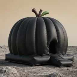 huge matte black adult bouncy castle in big fruits form in mop head material like a big puffer with seams, on a lunar landscape, style by anish kapoor, parts by shih chieh huang, warm soft light, shallow depth of field realistic, 8 k, hyperrealism, subsurface scattering, raytracing