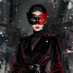 she is fashion, all dressed in black, beautiful face and eyes, black and red mask on her face, black and red velvet fabric, highly detailed, white accents, cel shaded, cinematic shot, trending on artstation, high quality, detailed and chaotic background, brush strokes all over, by jama jurabaev