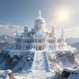a scene concept design depicting a palace made of crystal at the top of a snowy mountain in changbai, with a magnificent atmosphere illuminated by the sun ， super wide angle ， matte painting ， rtx on ， trending on cgsociety and artstation, unreal engine ， volumetric light ， poster style ，