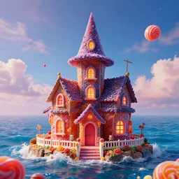 a witches house made out of candy, on the ocean, epic scene, fantasy, redshift render, cgi, hyper - detailed, photo - bash, 8 k post - production, masterpiece