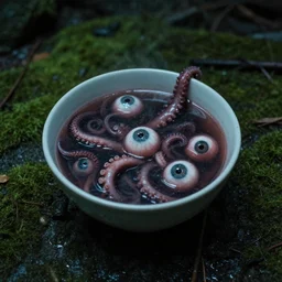 dslr photograph of a bowl eldritch horror soup filled with tentacles and eyeballs on a mossy sewer floor, 8 5 mm f 1. 8