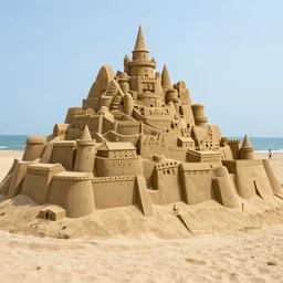 photograph of a sand sculpture of a massive detailed medieval town at the beach