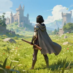 a warrior girl with short black hair wearing a gray cloak and boots holding a crossbow standing in a meadow with medieval fantasy landscape with castle in the distance, shot from behind, digital art, by andreas rocha, by greg rutkowski, trending on artstation, 4k, vibrant colors