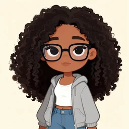 a very beautiful girl with dark complexion, long, curly, afro hair, stylistic oval black eyes, half - frame square glasses, grey hoodie opened, white tank top, jeans, character art, cute, digital art, cartoon network, cel shaded, character art