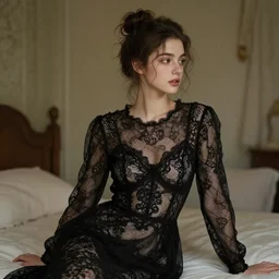 a portrait of a young woman wearing an evening dress in an old bedroom, black transparent lace, messy bun hairstyle, delicate face, looking away, cinematic, intricate details and textures, soft lighting, epic pose, by artgerm, greg rutkowski, alphonse mucha, 8 k