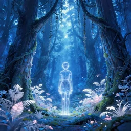 hyperrealistic shining transparent person at mystical blue color scheme exotic forest, white pink glowing foliage, large tall trunks trees, intricate hanging vines, moss by miyazaki, nausicaa ghibli, moebius