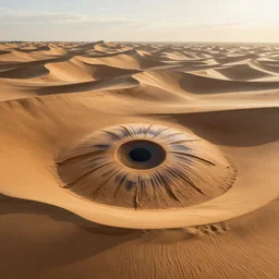 wide landscape photo of a sand dunes that mimic the shape and macro detail of an iris and pupil, high detail, drone photo, golden hour, medium format