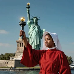 award winning photo of the Statue of Liberty at Ellis Islandwearing Handmaid's Tale Costume, red robe, white bonnet, holding a torch, dramatic, cinematic lighting, 4k