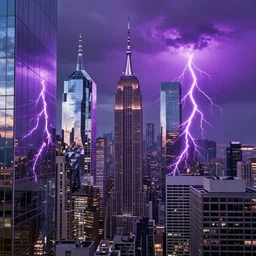 of a futuristic photo - realistic new york city with mirrored windows in shiny crystalline : 7, highly symmetrical, balanced, purple lightening : 3, octane render, clouds : 2, violet sun : 4, in the style of sahm : 3, hd, ultra - realistic, hyper - realistic, digital art,