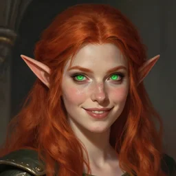 portrait of a female elf warlock, long pointy ears, glowing green eyes, bushy red hair, freckles, smiling + medieval setting, detailed face, highly detailed, digital painting, artstation, concept art, sharp focus, illustration, art by greg rutkowski and artgerm