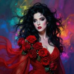 portrait of kate bush against a neon multicolored background, lush black hair, pale skin, red roses, flowing material, intricate, beautiful cinematic lighting, stunning painting by caravaggio, android jones, wadim kashin