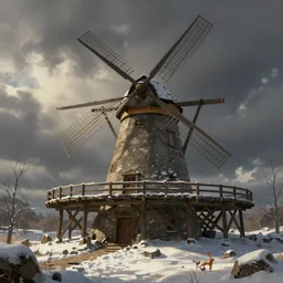 a hyperrealistic render of an old mill, outdoor, winter, art by Artgerm and Greg Rutkowski and Alphonse Mucha, hearthstone art style, epic fantasty card game art, Beautiful dynamic dramatic moody lighting, shadows, cinematic, Octane, 8K