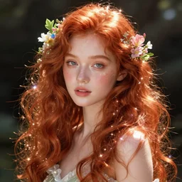 red-haired spring goddess portrait, radiant light, flowers and glitter, by wlop and artgerm, alena aenami, peter mohrbacher