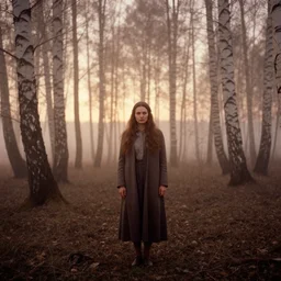 full body portrait of woman, solemn expression, faded color film, russian cinema, tarkovsky, kodachrome, heavy birch forest, long brown hair, old clothing, heavy fog, atmospheric haze, brown color palette, sunset, low light, dramatic lighting