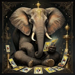 Mystical elephant reading tarot cards, detailed, digital art, intricate, concept art, Greg Rutkowski, epic, fantasy