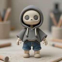 an adorable simple ball jointed skeleton doll lovingly crafted by sclupted by hand from porcelain clay on a toy workbench, wearing a little bat poncho hoodie combo with jean shorts, worms eye view, macro camera lens, cinematic, focus