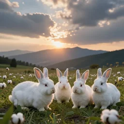 cotton bunnies hopping around in a beautiful nature landscape with clouds, mountains, in background, sunset, by rhads