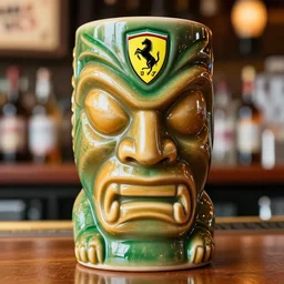 a closeup photorealistic photograph of a glossy ferrari themed tiki mug at at a trader vic's bar featuring the face of young enzo ferrari. party time. tiki theme. bright scene. fine detail. this 4 k hd image is trending on artstation, featured on behance, well - rendered, extra crisp, features intricate detail, epic composition and the style of unreal engine.