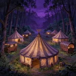 detailed gypsy tent in a magical faire in a forest at night with other large tents and caravans, purple ambient light, artwork by gerald brom, 4 k, masterpiece