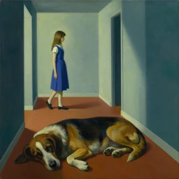 a painting of a girl walking in a hallway and suddenly finds a giant dog sleeping on the floor blocking her way, a highly detailed edward hopper painting, by adrian ghenie and gerhard richter. art by remedios varo. masterpiece, flat surreal design with deep colours. 8 k. artstation