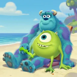 a realistic cartoon illustration of sully from monsters inc lounging at the beach.