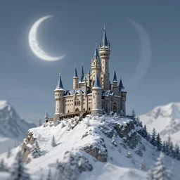 a cabin castle on the top of a snowy mountain, crescent moon, greg rutkowski, 8 k, shallow depth of field, intricate detail, concept art,