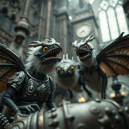 zoomed very elevated pov portrait of tin toy fuzzy kaiju moth dragons wearing armour in victorian london, nicoletta ceccoli, mark ryden, lostfish, hyung tae, frank frazetta, depth of field, detailed and intricate gothic environment, 8 k resolution, hyperrealistic, octane render