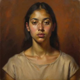 detailed portrait in strong femininity, ethnic, realistic face sculpted features, statuesque model, plain untucked shirt, warm cast, bathed in light, filmic, chiaroscuro, specular highlights, angular impressionism, radiosity, deep rich tones, contemporary art, oil on canvas