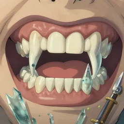dentist with large, giant teeth, fangs, glass shards, daggers, by studio ghibli