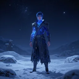 an astral man on a snowy biome at night, starry, fantasy, hyper realism, behance, artstation, unreal engine 5, octane, deviantart
