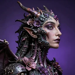 hyperrealistic hyper detailed neo-surreal 35mm portrait of cyborg dragon covered in gothic flowers matte painting concept art hannah yata dali very dramatic dark purple lighting low angle hd 8k sharp shallow depth of field