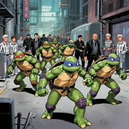 ninja turtles are escaping from the factory, and a couple of people were prisoners with them. then the men in black chased them, and then the gangs, 8 k,