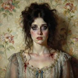 a beautiful and eerie baroque painting of a beautiful but serious woman in layers of fear, with haunted eyes and dark hair piled on her head, 1 9 7 0 s, seventies, floral wallpaper, wilted flowers, a little blood, morning light showing injuries, delicate ex embellishments, painterly, offset printing technique, by mary jane ansell