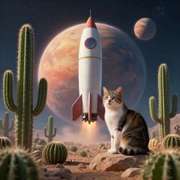 A cat sitting besides a rocket on a planet with a lot of cactuses, beautiful digital art, dramatic volumetric lighting, epic composition, high detail, 4K Ultra HD
