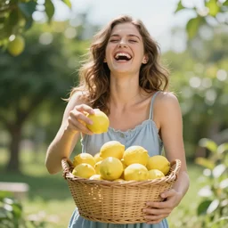 woman laughing and dropping basket of lemons, 8 k