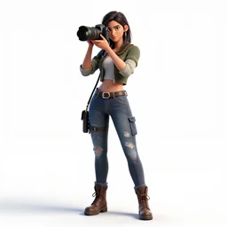 fierce photographer with camera, detailed 3d character render, full body, standing, isolated on a pure white background, centered, whole figure in frame, sharp focus, studio lighting