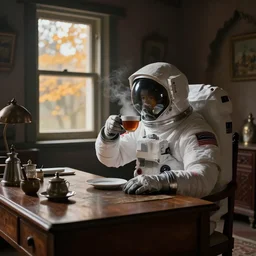 a single cosmonaut in a spacesuit drinks a  steaming cup of tea at an old wooden desk in a richly decorated indian house. the autumn light comes in through a window and dimly illuminates the room, diffuse light, octane render, 4k, matte painting
