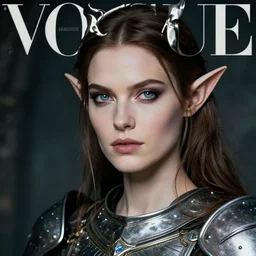 head and shoulders portrait of an eldritch knight, elf, beautiful, female, breastplate, magical, high fantasy, d & d, by annie liebovitz, face details, extremely detailed, vogue fashion photo