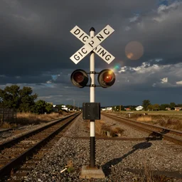 a railroad crossing with a railroad crossing sign, a photo by richard benning, anamorphic lens flare