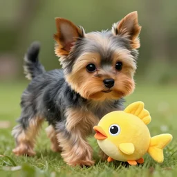 A beautiful portrait of grey puppy yorkshire terrier playing with yellow magikarp plush toy, digital art by Eugene de Blaas and Ross Tran, vibrant color scheme, highly detailed, in the style of romanticism, cinematic, artstation, Greg rutkowski