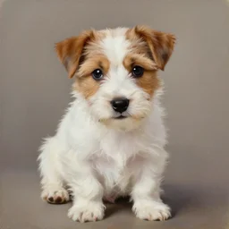 a high quality painting of a very cute scruffy wire haired jack russell terrier puppy, white with chocolate brown spots, brown patches over both eyes. friendly, curious expression. painting by artgerm and greg rutkowski and alphonse mucha