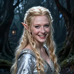 portrait of dangerous, playful, mischievous  young Galadriel (similar to Cate Blanchett) as a queen of elves, dressed in a refined silvery garment. The background is a dark, chilling eastern europen forrest.  night, horroristic shadows, higher contrasts, (((lumnious))), theatrical, character concept art by ruan jia, thomas kinkade, and J.Dickenson, trending on Pinterest