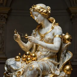 marble sculpture depicting a woman programming the samsara holy cluster, hi tech, sci fi, dramatic light, concept art, stunning, visionary, mystical, hyper realistic, beautiful, wow, gilt metal, rich marbles, by gian lorenzo bernini, by brecht evens, by jean delville